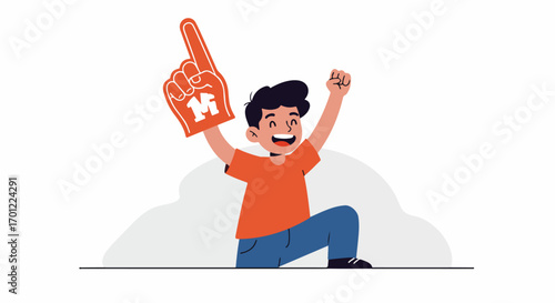 Cheerful boy enthusiastically cheers, holding a large foam finger with the letter M, celebrating victory, sports, or team spirit with a joyful expression.