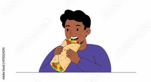 Happy diverse person enjoying a delicious, fresh, and vibrant wrap filled with healthy ingredients for a satisfying meal.