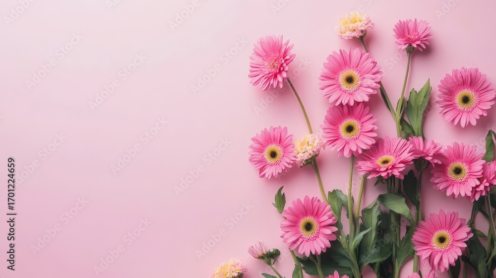 Fototapeta premium Pink flowers arranged on a pastel pink background.