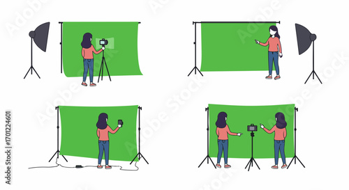 A set of illustrations showing a woman setting up and utilizing a green screen studio for content creation and online video production.