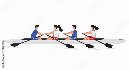 Vector illustration of a mixed-gender rowing team in action, showcasing teamwork and aquatic sport with oars on white background.