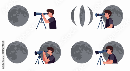 Young astronomer observing the moon's phases through a telescope, a vibrant illustration of space exploration and scientific curiosity.