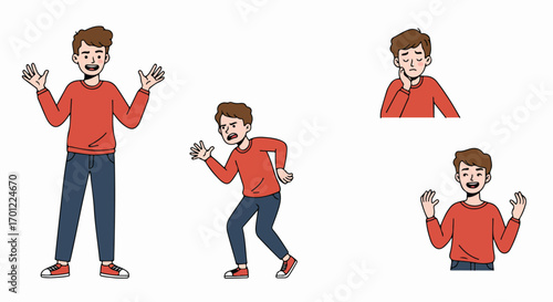 Diverse cartoon male character emotions: happy, sad, surprised, presenting a range of feelings and gestures in simple vector illustration.