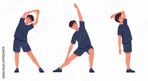 Young man performing a series of warm-up stretches for fitness and flexibility.
