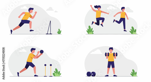 Active Lifestyle & Fitness Activities: Illustrations of People Running, Jumping, and Strength Training Outdoors