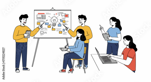 Creative team brainstorming new ideas, collaborating on a project with a whiteboard presentation and digital work in a modern flat design illustration.