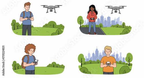 Diverse individuals operating drones in scenic park settings and modern city landscapes, showcasing leisure and technology.