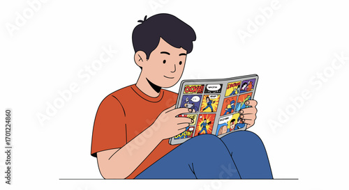 Smiling young man in a red shirt and blue pants, happily engrossed in reading an action-packed comic book, enjoying leisure time and pop culture entertainment.
