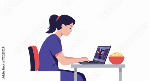 Young woman watches a movie or show on her laptop with a bowl of popcorn, enjoying a relaxing evening at home, an illustration of modern leisure.