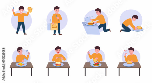 Happy man preparing and eating a delicious sandwich, showing the step-by-step process of meal assembly and enjoyment.