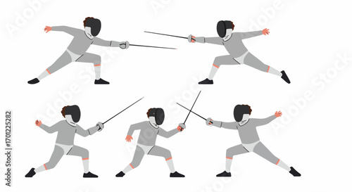 Dynamic fencers vector illustration set, showing athletes in protective gear with foils, ready for competition and training.
