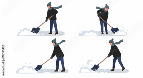 Man Shoveling Snow in Winter: Flat Illustration Series of Snow Removal and Winter Chores