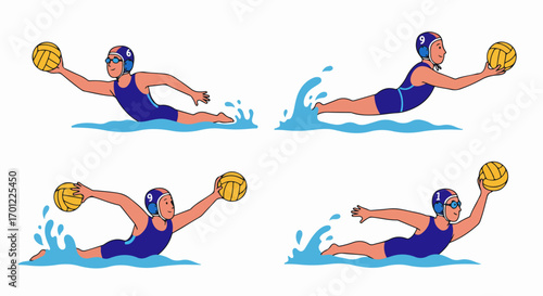Dynamic water polo players in action, a set of four vector illustrations showcasing swimming and ball handling with splash effects, perfect for sports design.