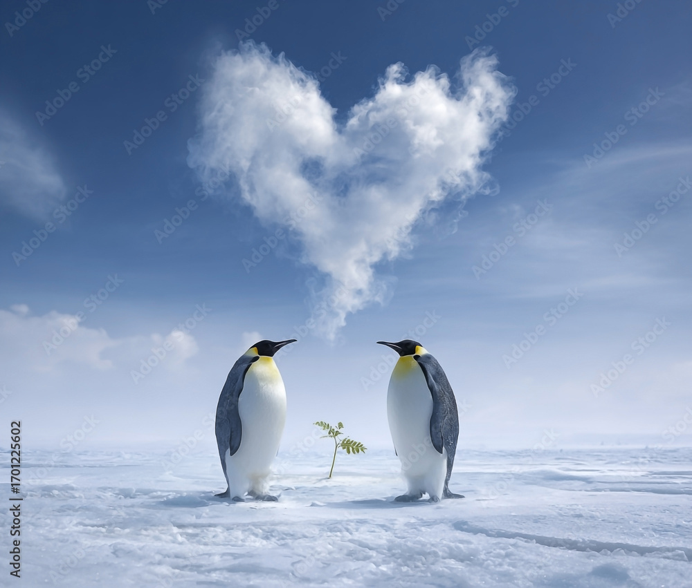 Fototapeta premium Emperor penguins rendezvous beneath a heart-shaped cloud in winter wonderland