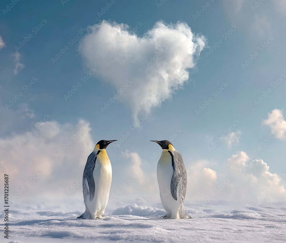Fototapeta premium Emperor Penguins Courting Under a Heart-Shaped Cloud in Antarctica's Vast Expanse