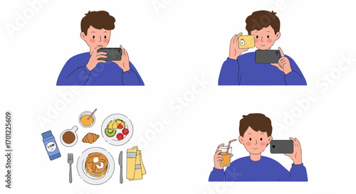 Young man taking smartphone photos of a delicious breakfast spread, capturing his meal for social media sharing, showcasing modern digital lifestyle.