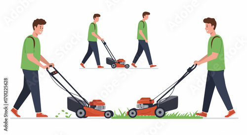 Happy Man Mowing Lawn with Lawnmower Illustration Set. Gardener Cutting Grass for Home Garden Maintenance and Yard Work. Flat Vector.