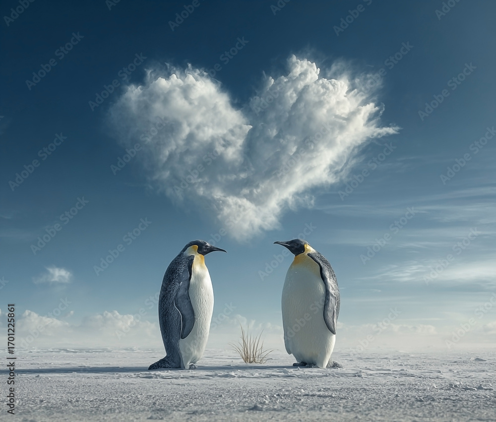 Obraz premium Penguin Pair Under Heart-Shaped Cloud Formation in Tranquil Antarctic Landscape