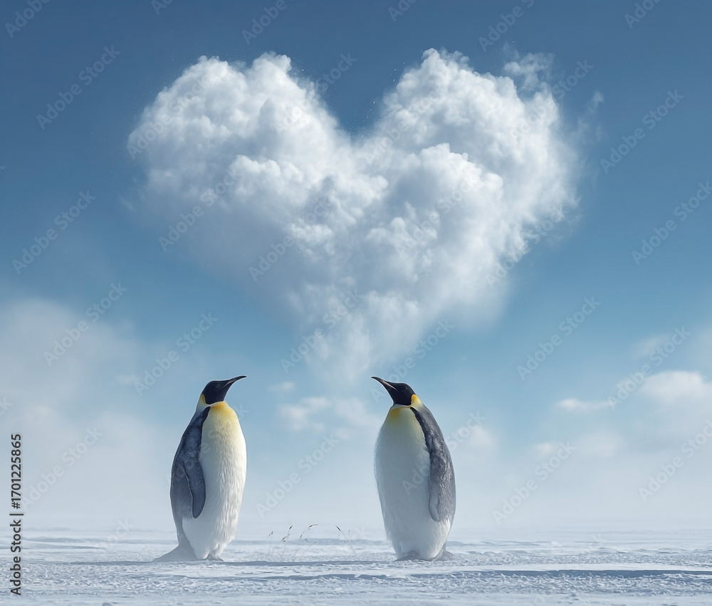 Fototapeta premium Penguin Pair Gazing at a Heart-Shaped Cloud in a Snowy Landscape