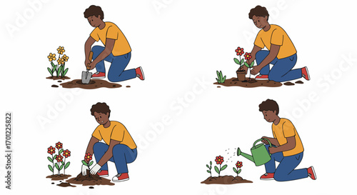 A person demonstrates the step-by-step process of gardening, from digging soil and planting seedlings to watering newly planted flowers for growth.