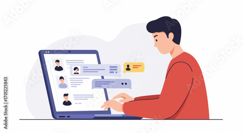 Young man engaged in online communication on a laptop, interacting with profiles and chat messages, representing social networking and virtual connection.