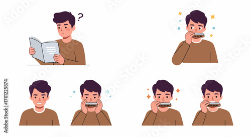 A man's journey from learning to mastering the harmonica, depicting practice, self-improvement, and musical enjoyment through various expressions.