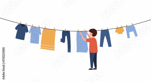 Simple illustration of a person hanging clean laundry on a clothesline, showcasing everyday household tasks.