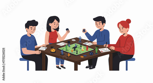 Friends enjoying a fun board game night together. Group of young adults playing tabletop games, engaging in strategy and social interaction.