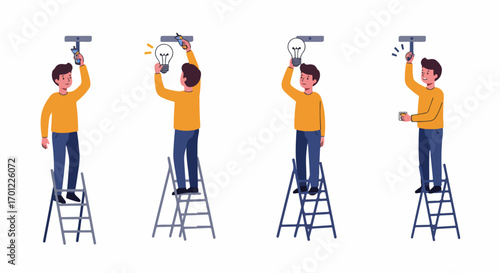 Man on a ladder replacing a light bulb: a step-by-step illustration of fixing, installing, and achieving bright ideas and successful problem-solving for home improvement.