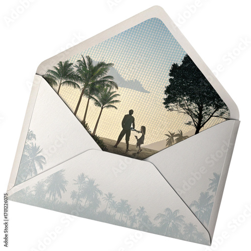 Father and daughter share a tender moment on a tropical beach, a cherished memory captured within an opened envelope.