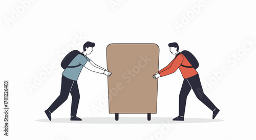 Two men pushing a large piece of furniture together, illustrating teamwork, heavy lifting, and the effort involved in moving or relocation services in a flat design style.