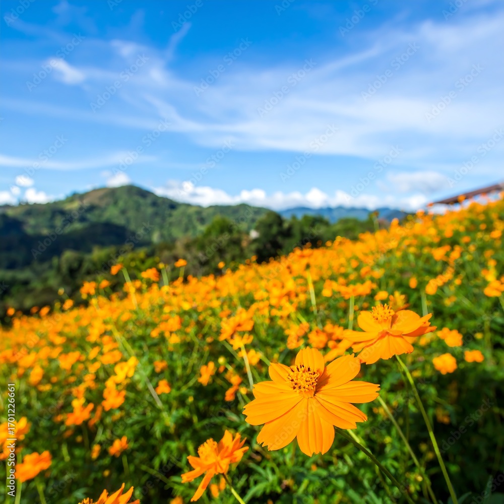 Obraz premium Vibrant orange flowers in a field against mountains and a blue sky