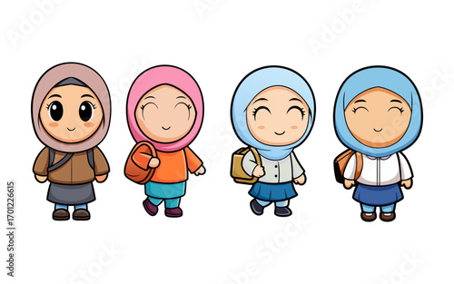 Happy Muslim Schoolgirls Wearing Hijabs and Backpacks