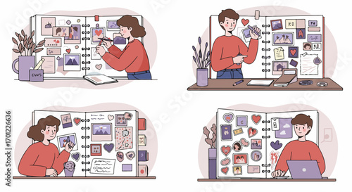 Creative People Scrapbooking and Crafting Memory Albums, Arranging Cherished Photos and Documenting Personal Stories with Joy and Dedication.