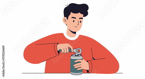 Young man in a red sweater uses a bottle opener to open a beverage can, a flat illustration depicting a casual moment of refreshment.