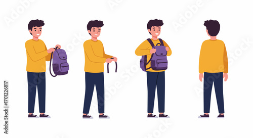 Young man preparing for school or travel, showing different stages of putting on a purple backpack, including front and back views.