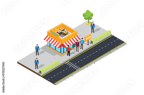 Street food cafe on the sidewalk. Vector Isometric Illustration Suitable for Diagrams, Infographics, And Other Graphic assets