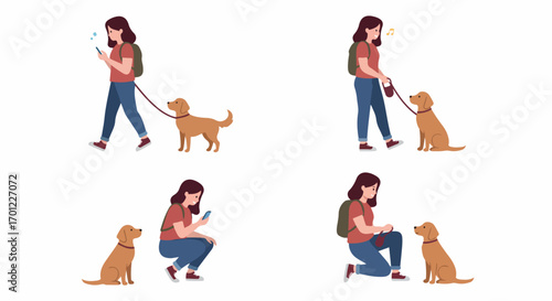 Woman walking and interacting with her dog. The pet owner uses her phone, sits, and kneels with her loyal canine companion, showing various daily activities.
