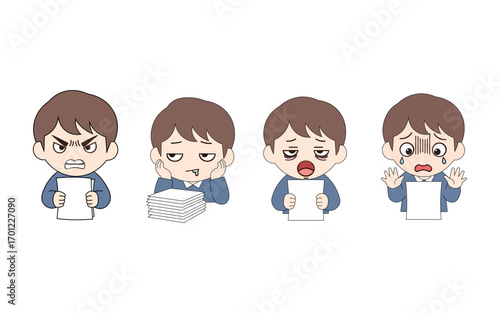 Cartoon Businessman Showing Different Emotions Due to Workload