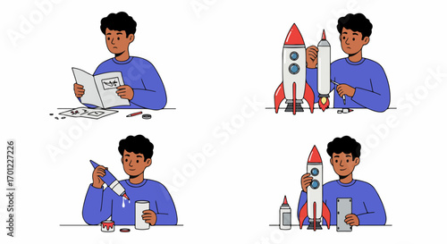 A step-by-step illustration of a young man building a model rocket, from reading instructions to final assembly and proud completion, showcasing hobby, creativity, and STEM learning.
