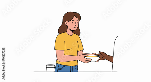 Woman Donating Food to a Person in Need, Illustrating Charity, Kindness, and Community Support in a Simple Vector Style