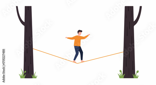 Man balances on a tightrope between two trees, symbolizing challenge, skill, and a focused journey towards success or business growth.
