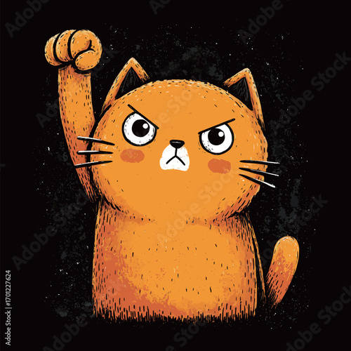 An orange cat with an assertive expression raises its paw defiantly. The artwork uses bold lines and vivid colors to convey a sense of strength and determination.