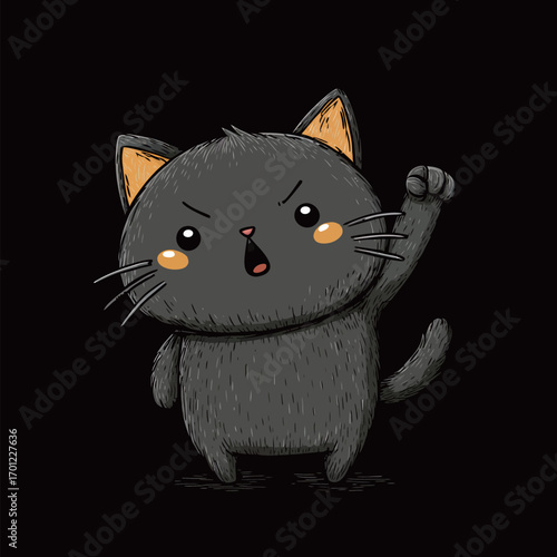 A cartoon-style black cat character stands with a raised paw and a confident expression, showcasing its adorable features. The design features vibrant yellow ears and cheeks.