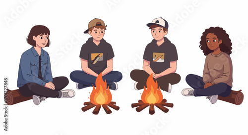 Diverse group of young friends enjoying campfires and outdoor gatherings, depicted in a modern vector illustration.