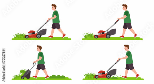 Man mowing lawn with a red lawnmower, illustrating the process of grass cutting and yard work in a clear vector animation.