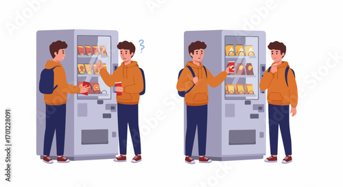 Students using a vending machine for snacks and drinks, depicting decision-making, convenience, and successful purchase in a modern lifestyle illustration.