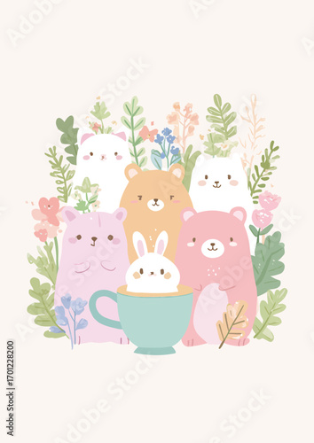 A charming group of cartoon animals, including bears and a rabbit, gather joyfully around a light blue cup surrounded by a variety of colorful flowers and leaves.