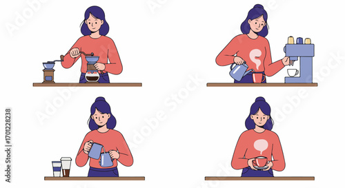 Woman's Coffee Ritual: Illustrating Diverse Brewing Methods from Grinding Beans to Enjoying a Freshly Prepared Cup.