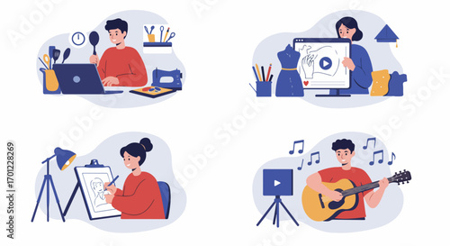 Diverse creative hobbies and online learning activities at home, including cooking, fashion design, drawing, and music production, illustrating personal development and remote work.